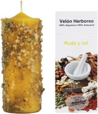 Velón Herbóreo de Ruda y Sal – Vela Amarilla para Limpieza Energética y Protección Espiritual