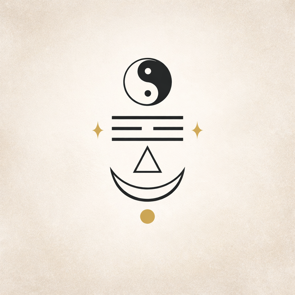 Símbolo energético minimalista con yin‑yang, líneas del I‑Ching y elementos dorados sobre fondo neutro.